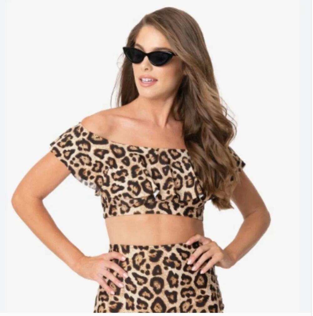 Unique Vintage Swim Ruffled Ramona Biki Top Leopard Print Tan Black